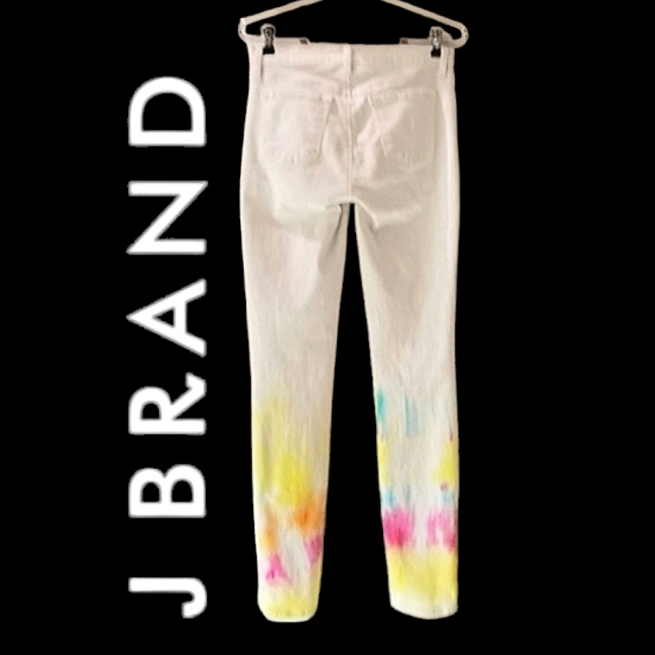J Brand Pink Yellow & Blue Tie-Dye Splash Skinny Leg White Jeans 27